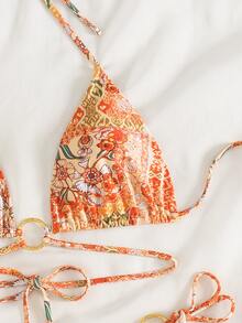 SHEIN Swim 女士波西米亚风金属环系带流苏侧系带比基尼套装，夏季海滩度假两件套泳装 - 彩色 - 查看 5
