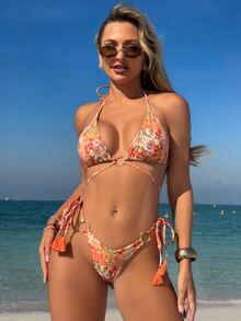 SHEIN Swim 女士波西米亚风金属环系带流苏侧系带比基尼套装，夏季海滩度假两件套泳装 - 彩色 - 查看 1