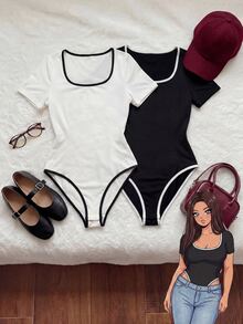 Comfortcana Set de 2 bodys de talla grande con ribete de color contrastante y manga corta - Blanco y Negro - Ver 1