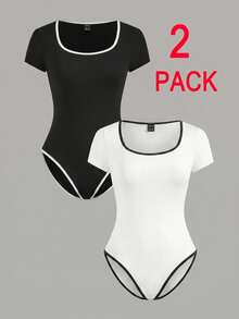 Comfortcana Set de 2 bodys de talla grande con ribete de color contrastante y manga corta - Blanco y Negro - Ver 9