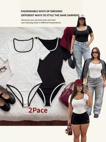 Comfortcana Set de 2 bodys de talla grande con ribete de color contrastante y manga corta - Blanco y Negro - Ver 16