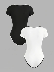 Comfortcana Set de 2 bodys de talla grande con ribete de color contrastante y manga corta - Blanco y Negro - Ver 11