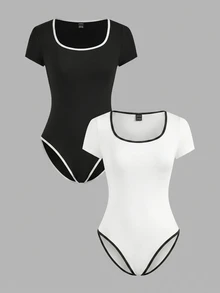 Comfortcana Set de 2 bodys de talla grande con ribete de color contrastante y manga corta - Blanco y Negro - Ver 14