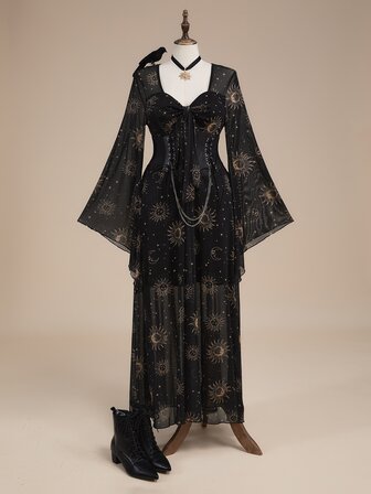 Robe vintage gothique sombre mystérieuse de sorcière avec motif de divination soleil lune étoile, en maille élastique confortable, grande taille, manches évasées