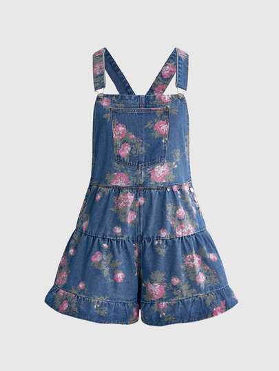 Fairycore Robe Salopette Ample et Confortable à Imprimé Floral Vintage Lavé pour Femmes Grande Taille