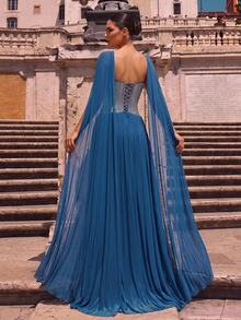 Glamrae Vestido largo elegante de moda romántica y lujo con hombros descubiertos, cuello de punto, volantes, tela plisada, patchwork, bordado de cuentas de lujo, estilo ajustado y línea A, adecuado para celebraciones de vacaciones, bodas, bailes, conciertos, banquetes de invitados de negocios, eventos de celebridades de internet, vestido de noche formal para mujer - Neblina azul - Ver 4