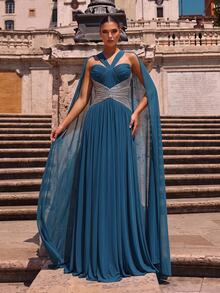 Glamrae Vestido largo elegante de moda romántica y lujo con hombros descubiertos, cuello de punto, volantes, tela plisada, patchwork, bordado de cuentas de lujo, estilo ajustado y línea A, adecuado para celebraciones de vacaciones, bodas, bailes, conciertos, banquetes de invitados de negocios, eventos de celebridades de internet, vestido de noche formal para mujer - Neblina azul - Ver 2