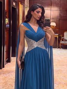 Glamrae Vestido largo elegante de moda romántica y lujo con hombros descubiertos, cuello de punto, volantes, tela plisada, patchwork, bordado de cuentas de lujo, estilo ajustado y línea A, adecuado para celebraciones de vacaciones, bodas, bailes, conciertos, banquetes de invitados de negocios, eventos de celebridades de internet, vestido de noche formal para mujer - Neblina azul - Ver 5