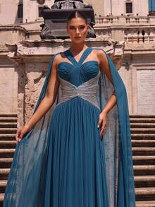 Glamrae Vestido largo elegante de moda romántica y lujo con hombros descubiertos, cuello de punto, volantes, tela plisada, patchwork, bordado de cuentas de lujo, estilo ajustado y línea A, adecuado para celebraciones de vacaciones, bodas, bailes, conciertos, banquetes de invitados de negocios, eventos de celebridades de internet, vestido de noche formal para mujer - Neblina azul - Ver 3
