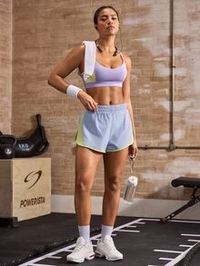 Powerista 女款夏季健身與跑步運動服 紫色與黃色配色－運動內衣與透氣短褲套裝，適合日常穿著與運動 - 淡紫色 - 查看 8