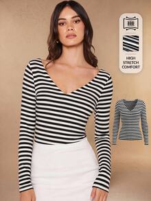 SHEIN BASICS 女款黑白格紋條紋V領長袖修身休閒法式T恤，適合返校、日常、早午餐、外出與辦公，秋季穿搭 - 黑與白 - 查看 1