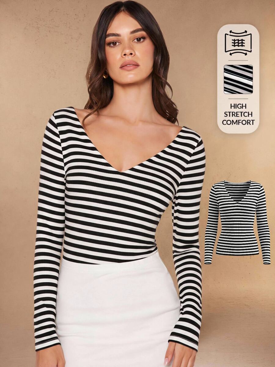 SHEIN BASICS 女款黑白格紋條紋V領長袖修身休閒法式T恤,適合返校、日常、早午餐、外出與辦公,秋季穿搭 - 黑與白 - 查看 1