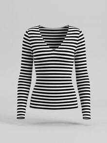 SHEIN BASICS 女款黑白格紋條紋V領長袖修身休閒法式T恤，適合返校、日常、早午餐、外出與辦公，秋季穿搭 - 黑與白 - 查看 6