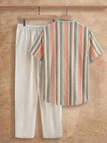 HIMLAND 2pcs/Set Men's Summer Cotton Polyester Brushed Striped Casual Short Sleeve Shirt & Loose Comfortable Linen Long Pants - Multicolor - View 2