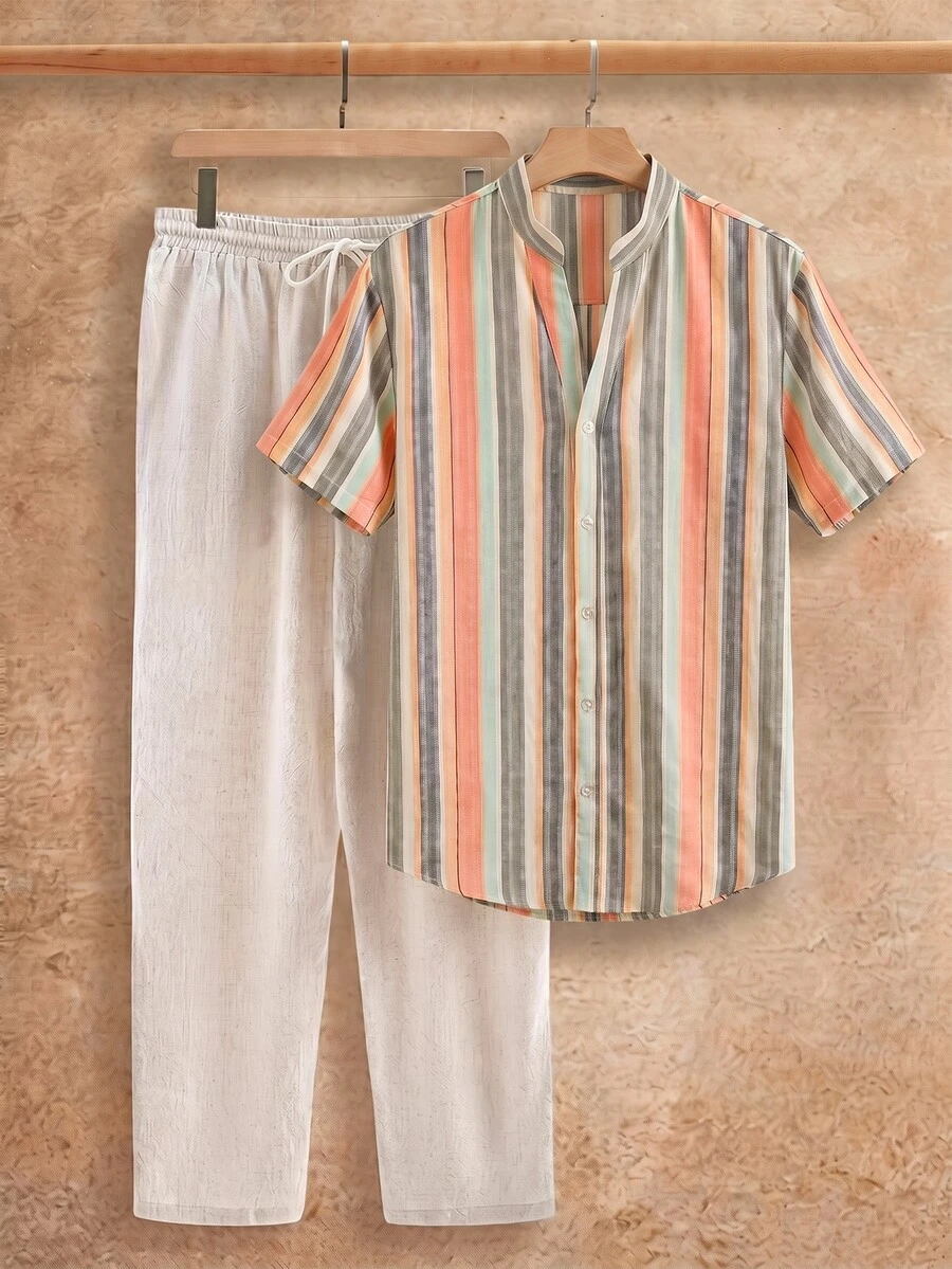 HIMLAND 2pcs/Set Men's Summer Cotton Polyester Brushed Striped Casual Short Sleeve Shirt & Loose Comfortable Linen Long Pants - Multicolor - View 1
