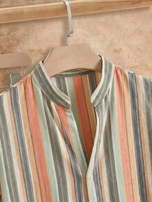 HIMLAND 2pcs/Set Men's Summer Cotton Polyester Brushed Striped Casual Short Sleeve Shirt & Loose Comfortable Linen Long Pants - Multicolor - View 3