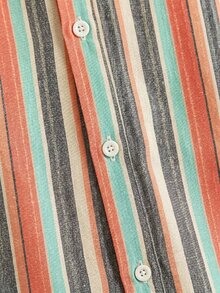 HIMLAND 2pcs/Set Men's Summer Cotton Polyester Brushed Striped Casual Short Sleeve Shirt & Loose Comfortable Linen Long Pants - Multicolor - View 4