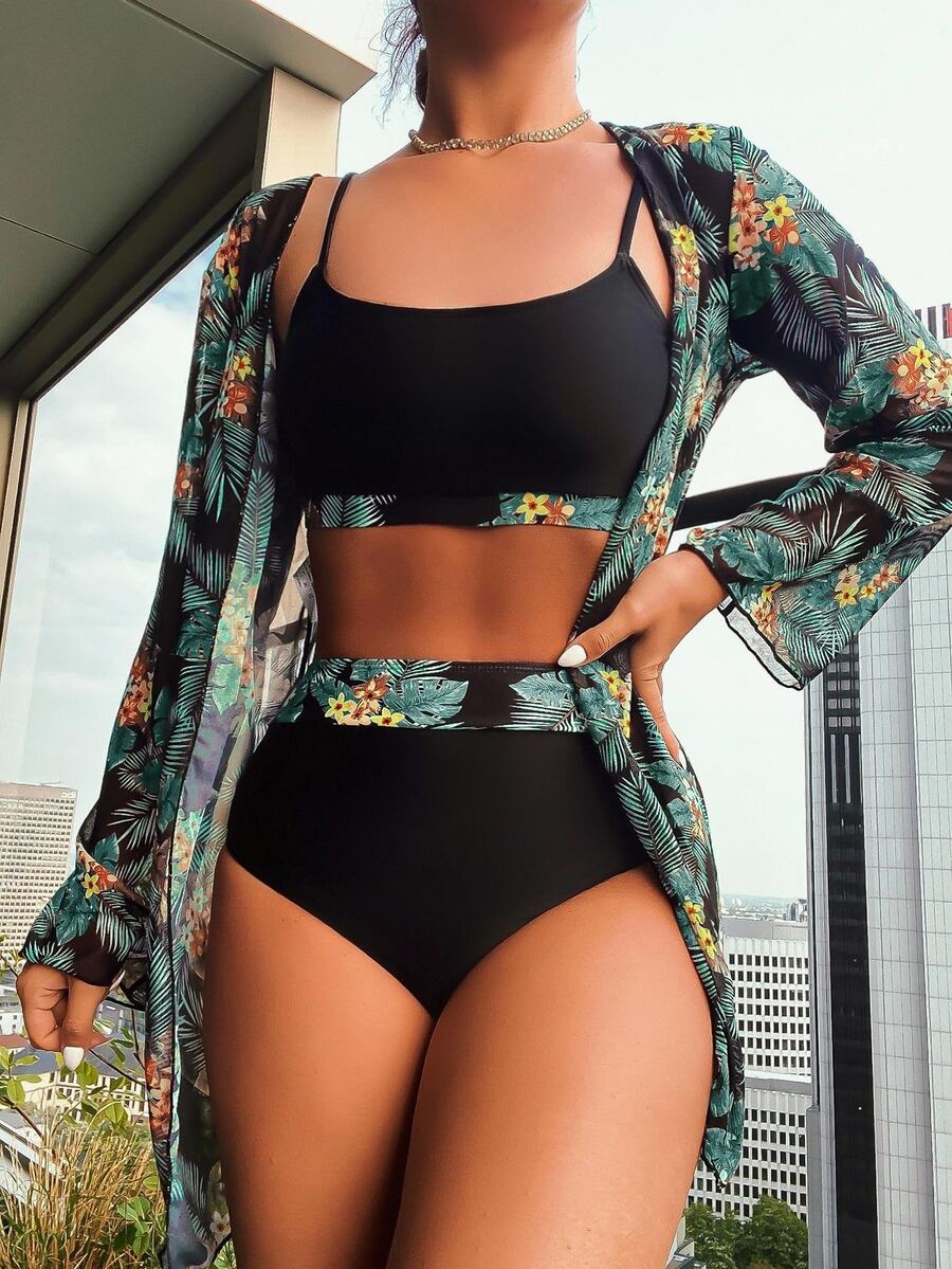 Swim Lushoire 3pcs/Set Printed Bikini Swimwear (Assorted Prints) - Green - View 1