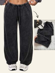 Comfortcana Plus Size Vintage Washed Drawstring Black Casual Sweatpants, All Season - Black - View 9