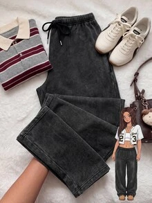 Comfortcana Plus Size Vintage Washed Drawstring Black Casual Sweatpants, All Season - Black - View 3