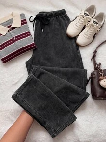 Comfortcana Plus Size Vintage Washed Drawstring Black Casual Sweatpants, All Season - Black - View 8