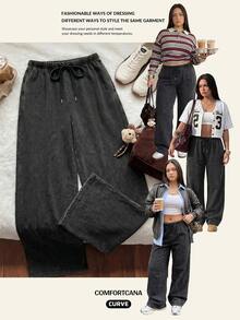 Comfortcana Plus Size Vintage Washed Drawstring Black Casual Sweatpants, All Season - Black - View 7