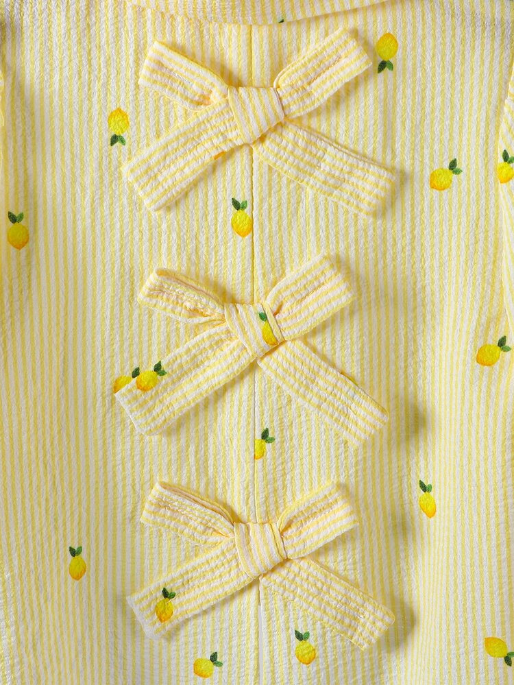 Elladie kids Young Girls Shirt, Spring/Autumn, Cream Yellow Vertical Fine Stripe Base With All-Over Tiny Lemon Print, Fresh And Energetic, Small Collar Design, Simple And Elegant, Back With Three Same-Color Bow Ties, Lively And Fashionable, Suitable For Daily Wear And Gatherings - Yellow - View 4