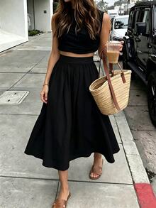 SHEIN PariChic 女款純色抓皺優雅通勤休閒裙，棉質舒適，夏季 - 黑色 - 查看 1