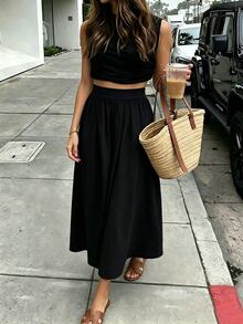 SHEIN PariChic 女款純色抓皺優雅通勤休閒裙，棉質舒適，夏季 - 黑色 - 查看 3
