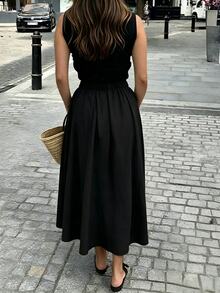 SHEIN PariChic 女款純色抓皺優雅通勤休閒裙，棉質舒適，夏季 - 黑色 - 查看 2