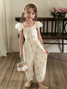 SHEIN LMoss  Young Girl Woven Solid Color Ruffled Collar Fitted Jumpsuit - Multicolor - View 2