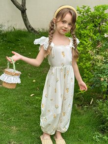 SHEIN LMoss  Young Girl Woven Solid Color Ruffled Collar Fitted Jumpsuit - Multicolor - View 4