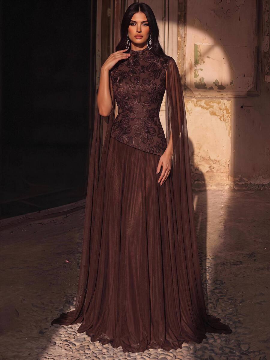 Aureia Elegant, Modest, And Sophisticated A-Line Dress Featuring A Tan Hue, Embroidered Lace Spliced With Chiffon, A Mock-Layered Stand Collar Design - Coffee Brown - View 1