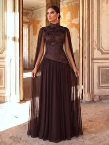 Aureia Elegant, Modest, And Sophisticated A-Line Dress Featuring A Tan Hue, Embroidered Lace Spliced ​​With Chiffon, A Mock-Layered Stand Collar Design - Coffee Brown - View 6