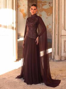 Aureia Elegant, Modest, And Sophisticated A-Line Dress Featuring A Tan Hue, Embroidered Lace Spliced ​​With Chiffon, A Mock-Layered Stand Collar Design - Coffee Brown - View 4