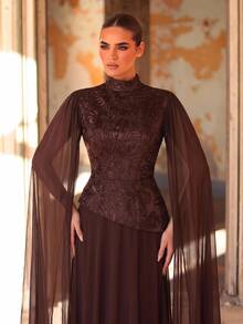 Aureia Elegant, Modest, And Sophisticated A-Line Dress Featuring A Tan Hue, Embroidered Lace Spliced ​​With Chiffon, A Mock-Layered Stand Collar Design - Coffee Brown - View 5