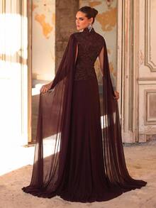 Aureia Elegant, Modest, And Sophisticated A-Line Dress Featuring A Tan Hue, Embroidered Lace Spliced ​​With Chiffon, A Mock-Layered Stand Collar Design - Coffee Brown - View 2
