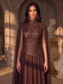 Aureia Elegant, Modest, And Sophisticated A-Line Dress Featuring A Tan Hue, Embroidered Lace Spliced ​​With Chiffon, A Mock-Layered Stand Collar Design - Coffee Brown - View 3