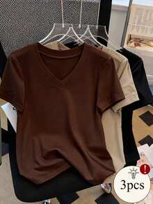 SHEIN 3件装加大码女式休闲日常通勤纯色V领短袖T恤 - 彩色 - 查看 1
