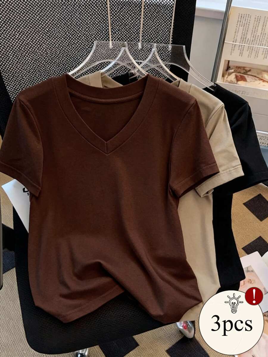 SHEIN 3件装加大码女式休闲日常通勤纯色V领短袖T恤 - 彩色 - 查看 1