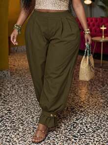 Veslaya Plus Size Fashion Commute Solid Color Jogger Pants Fall - Army Green - View 7