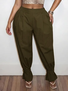 Veslaya Plus Size Fashion Commute Solid Color Jogger Pants Fall - Army Green - View 3