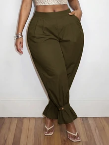 Veslaya Plus Size Fashion Commute Solid Color Jogger Pants Fall - Army Green - View 4