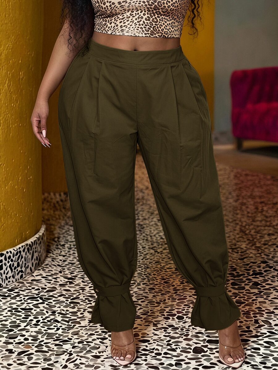 Veslaya Plus Size Fashion Commute Solid Color Jogger Pants Fall - Army Green - View 1
