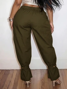 Veslaya Plus Size Fashion Commute Solid Color Jogger Pants Fall - Army Green - View 2