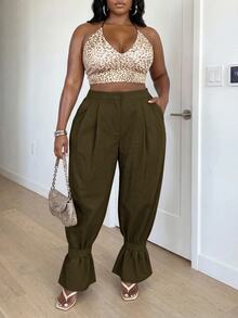 Veslaya Plus Size Fashion Commute Solid Color Jogger Pants Fall - Army Green - View 5