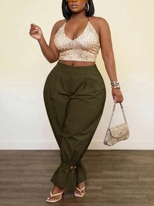 Veslaya Plus Size Fashion Commute Solid Color Jogger Pants Fall - Army Green - View 6