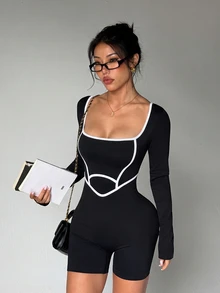 SHEIN Dewbera 女款無縫瑜伽運動拼接色長袖連身短褲 - 黑與白 - 查看 6