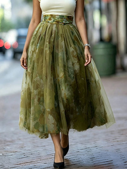 SHEIN Jupe femme d'été vintage élégante à taille haute élastique, coupe évasée minimaliste romantique, imprimé peinture à l'huile couleur dopamine, en maille avec manches bouffantes, adaptée pour rendez-vous d'été, sortie printanière, trajet quotidien, vacances, Y2K