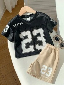 SHEIN 2件裝男嬰時尚可愛運動風球衣短袖T恤套裝，適合春夏季 - 彩色 - 查看 7